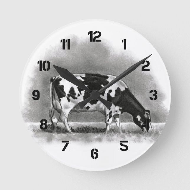 Holstein Cow Grazing: Realism Pencil Drawing Round Clock (Front)