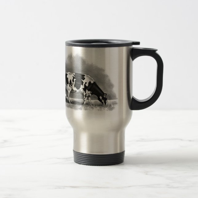 Holstein Cow Grazing: Realism Pencil Drawing Travel Mug (Right)