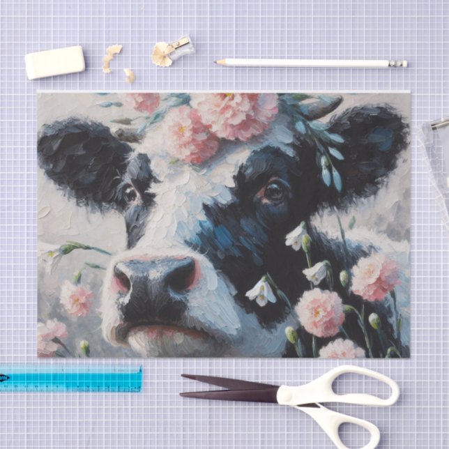 Holstein Cow in Flowers Farm Farmhouse Decoupage Tissue Paper (Craft)