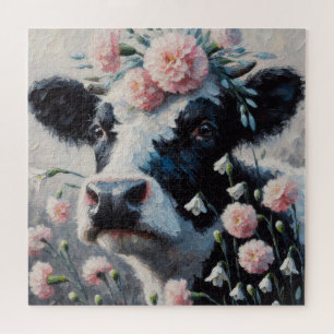 Holstein Cow in Flowers Farm Farmhouse Painting Jigsaw Puzzle