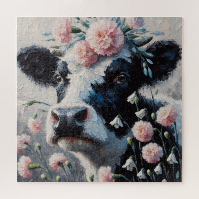 Holstein Cow in Flowers Farm Farmhouse Painting Jigsaw Puzzle (Horizontal)