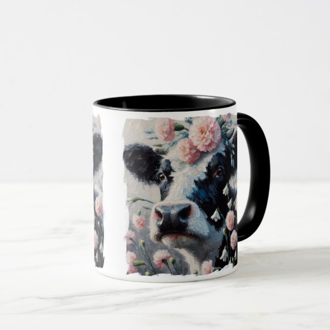 Holstein Cow in Flowers Farm Farmhouse Painting Mug (Front Right)