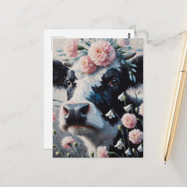 Holstein Cow in Flowers Farm Farmhouse Painting Postcard (Front/Back In Situ)