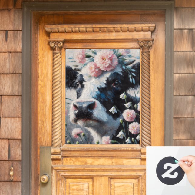 Holstein Cow in Flowers Farm Farmhouse Painting Window Cling (Home Door)