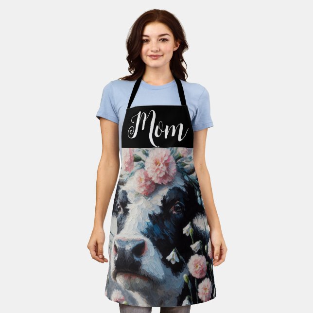 Holstein Cow in Flowers Farmhouse Personalised Apron (Worn)