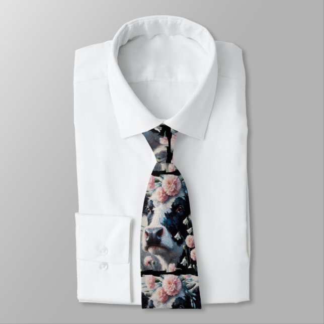 Holstein Cow in Pink Carnation Flowers Black White Tie (Tied)