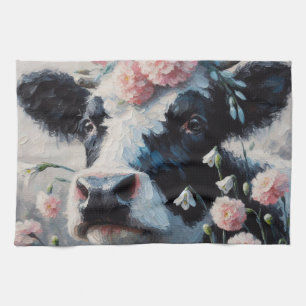 Holstein Cow in Pink Carnations Painting  Tea Towel