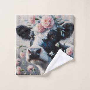 Holstein Cow in Pink Carnations Painting  Wash Cloth