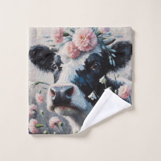 Holstein Cow in Pink Carnations Painting  Wash Cloth (Wash Cloth)