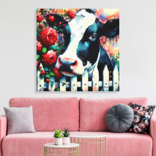 Holstein Cow Picket Fence Red Roses Black Red Canvas Print