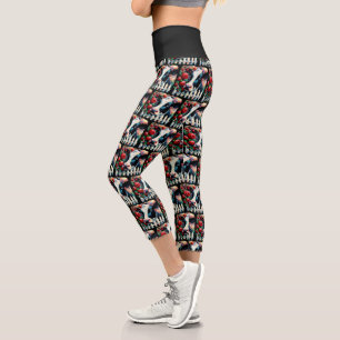Holstein Cow Picket Fence Red Roses Black Red Capri Leggings