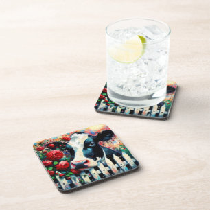 Holstein Cow Picket Fence Red Roses Black Red Coaster