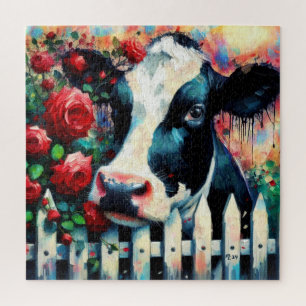 Holstein Cow Picket Fence Red Roses Black Red Jigsaw Puzzle