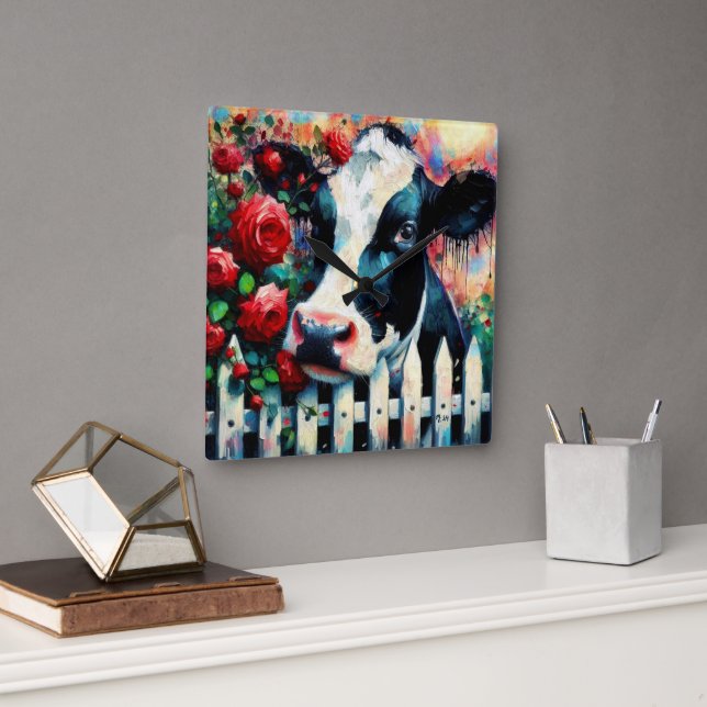 Holstein Cow Picket Fence Red Roses Black Red Square Wall Clock (Office)