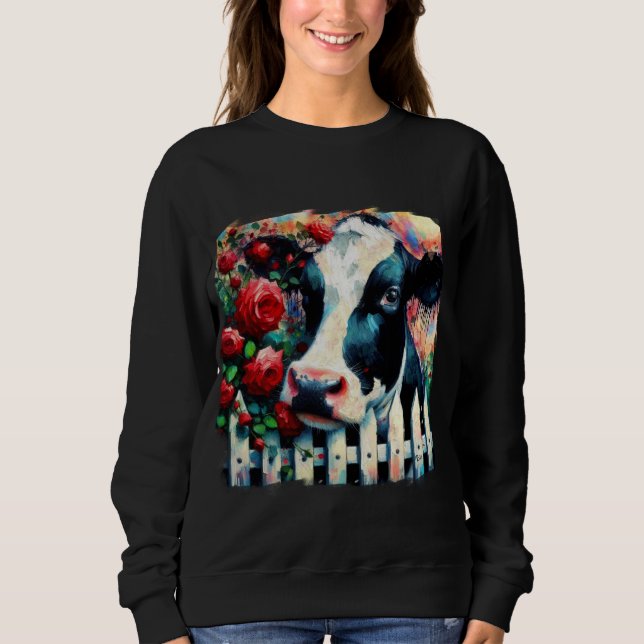 Holstein Cow Picket Fence Red Roses Black Red Sweatshirt (Front)
