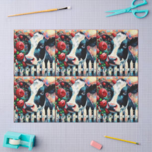 Holstein Cow Picket Fence Red Roses Decoupage Tissue Paper