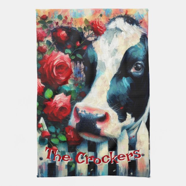 Holstein Cow Picket Fence Red Roses Personalised Tea Towel (Vertical)