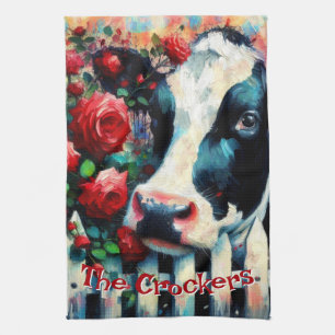 Holstein Cow Picket Fence Red Roses Personalized Tea Towel