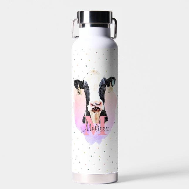 Holstein Cow Pretty Farm Animal Monogram Pattern Water Bottle (Front)