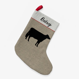 Holstein Cow Silhouette   Faux Linen Personalised Small Christmas Stocking
