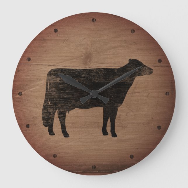 Holstein Cow Silhouette Faux Weathered Wood Rustic Large Clock (Front)