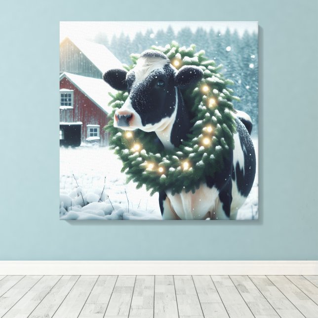 Holstein Cow Wearing a Christmas Wreath Canvas Print (Insitu(Wood Floor))