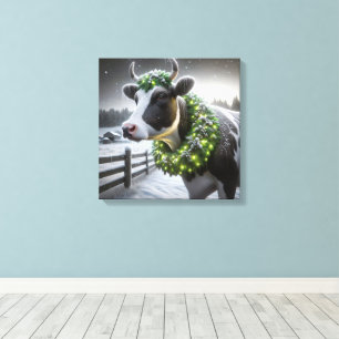 Holstein Cow Wearing a Christmas Wreath Canvas Print