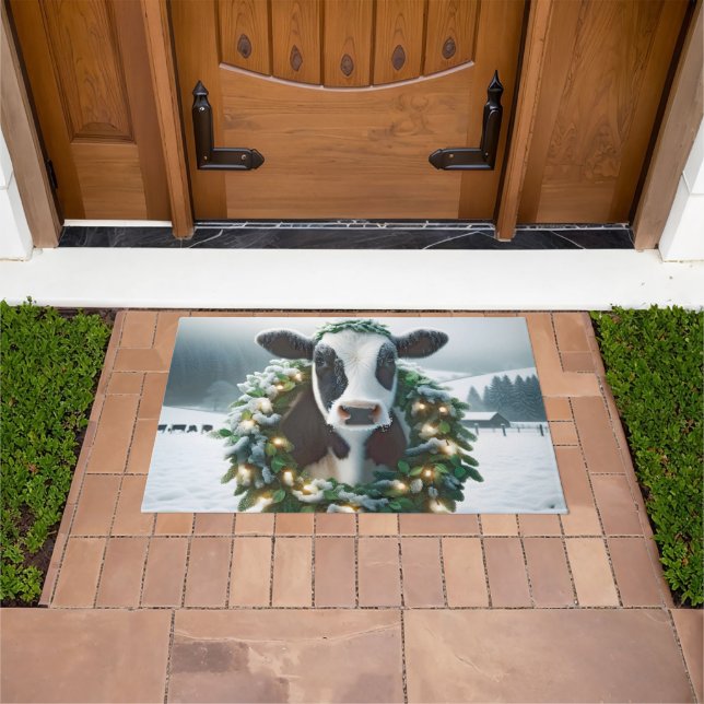 Holstein Cow Wearing a Christmas Wreath Doormat (Outdoor)