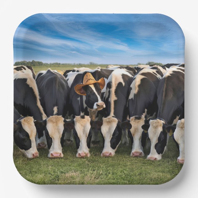 Holstein Cow Wearing a Cowboy Hat Paper Plate (Front)