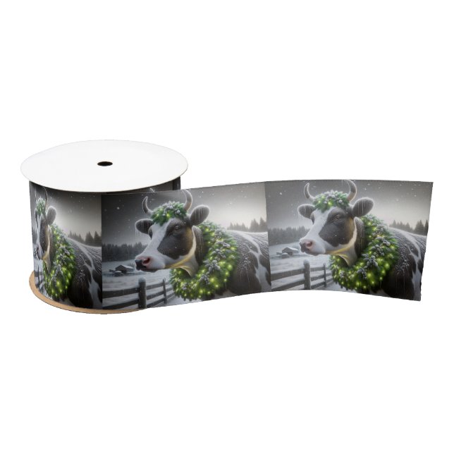 Holstein Cow Wearing Glowing Christmas Wreath Satin Ribbon (Spool)