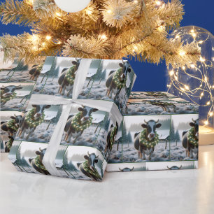 Holstein Cow Wearing Glowing Christmas Wreath Wrapping Paper