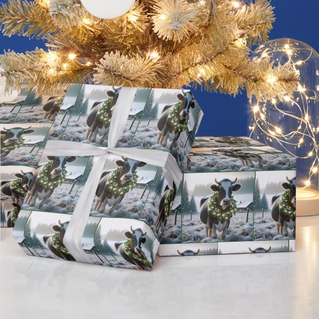 Holstein Cow Wearing Glowing Christmas Wreath Wrapping Paper (Holidays)