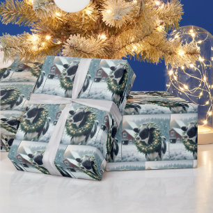 Holstein Cow Wearing Glowing Christmas Wreath Wrapping Paper