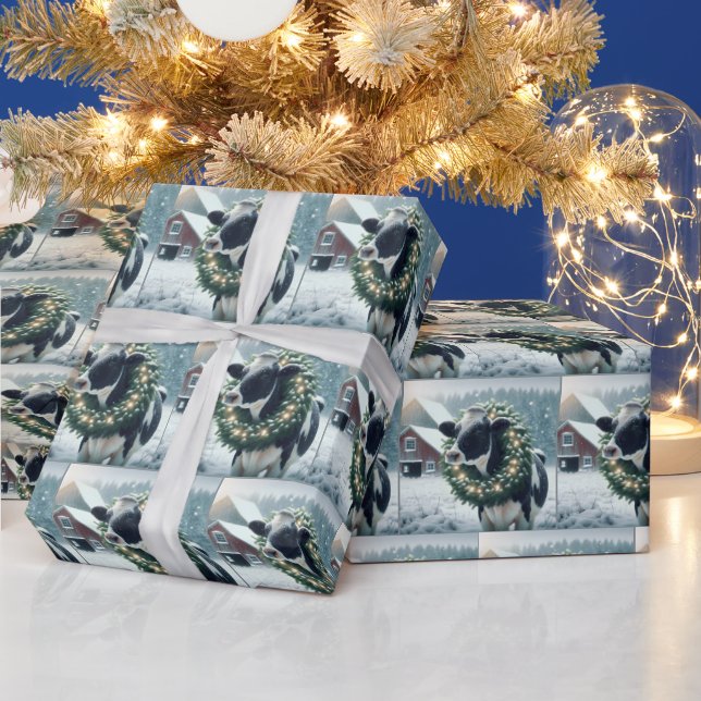 Holstein Cow Wearing Glowing Christmas Wreath Wrapping Paper (Holidays)