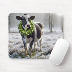 Holstein Cow Wearing Holiday Wreath Mouse Mat