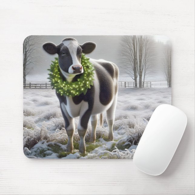 Holstein Cow Wearing Holiday Wreath Mouse Mat (With Mouse)