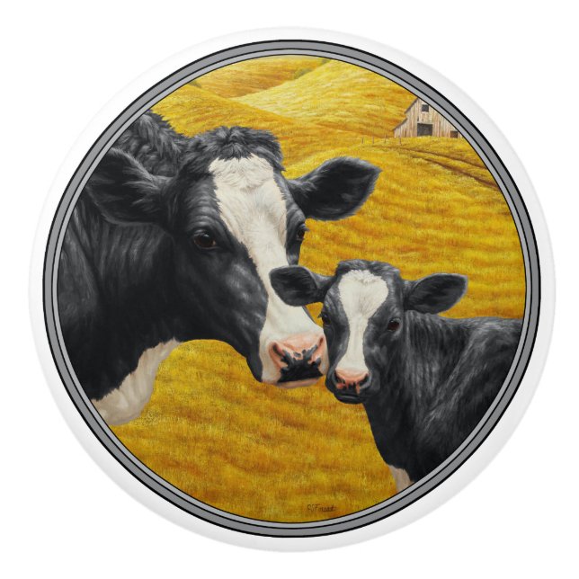 Holstein Cows and Old Wood Barn Ceramic Knob (Front)