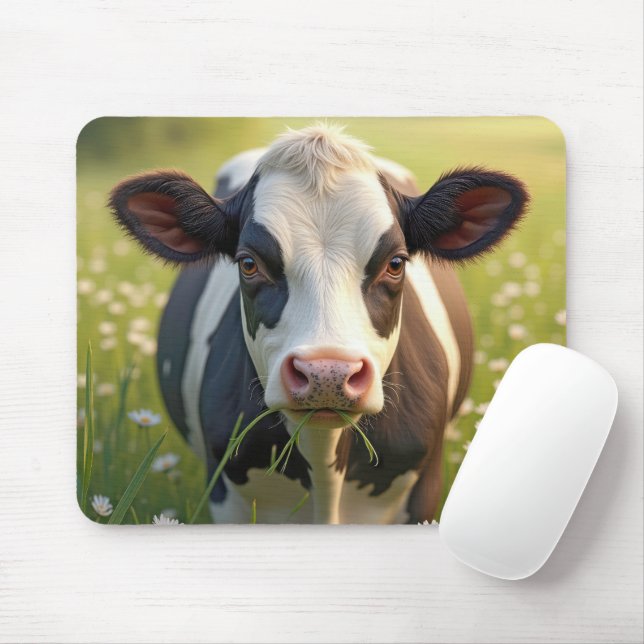 Holstein In Green Pasture With Daisies Mouse Mat (With Mouse)