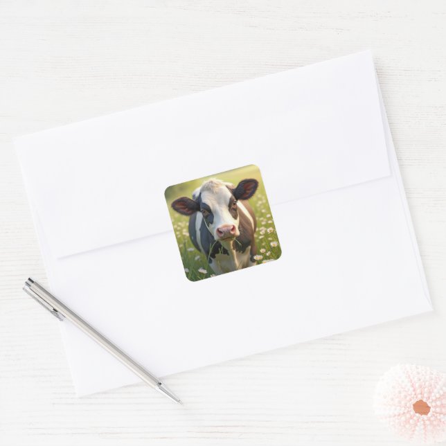 Holstein In Green Pasture With Daisies Square Sticker (Envelope)