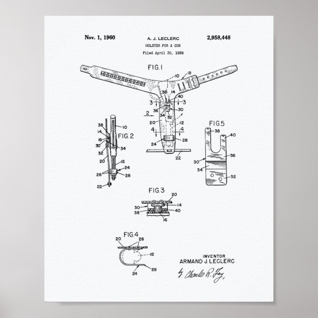 Holster For A Gun 1960 Patent Art - White Paper Poster (Front)