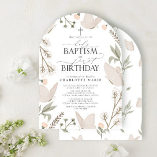 Holy Baptism & 1st Birthday Butterflies Floral Invitation