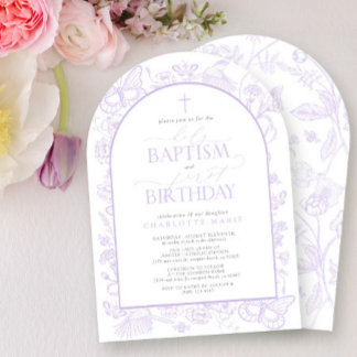 Holy Baptism & 1st Birthday Lilac Lavender Flowers Invitation
