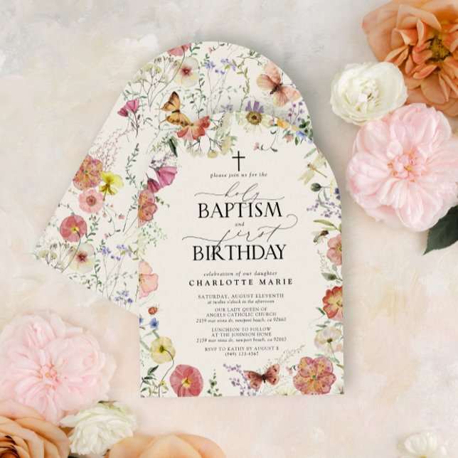 Holy Baptism & 1st Birthday Watercolor Floral Girl Invitation (Creator Uploaded)