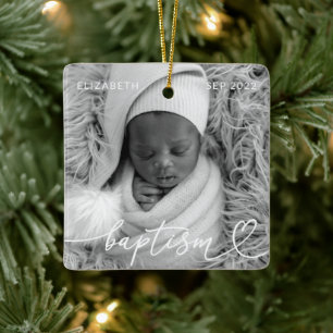 Holy Baptism Elegant Modern Chic Heart Baby Photo Ceramic Ornament