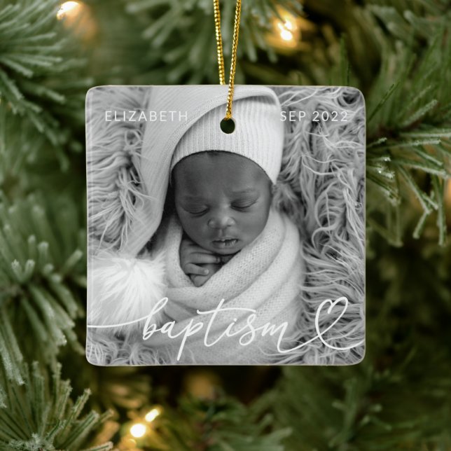 Holy Baptism Elegant Modern Chic Heart Baby Photo Ceramic Ornament (Tree)