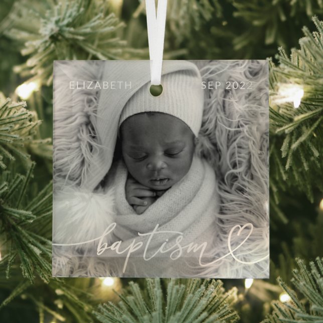 Holy Baptism Elegant Modern Chic Heart Baby Photo Glass Tree Decoration (Insitu)