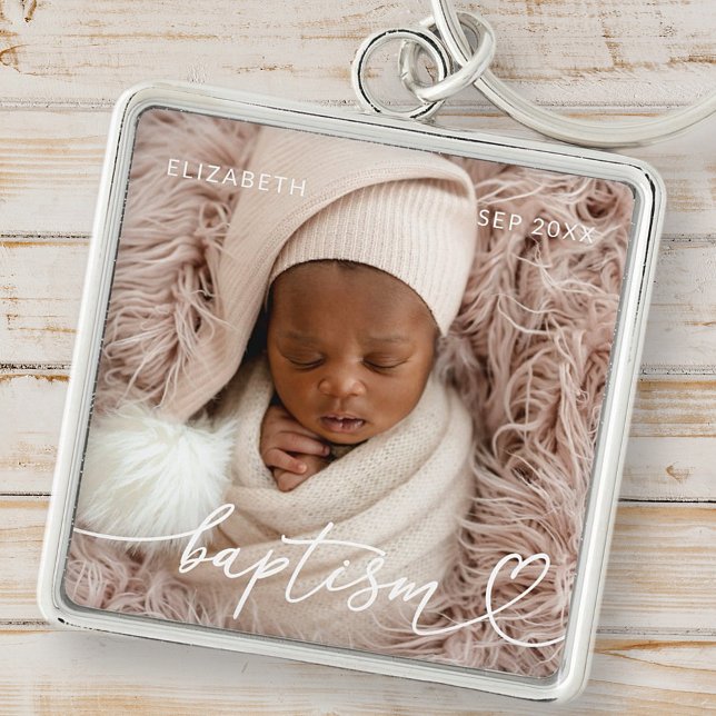 Holy Baptism Elegant Modern Chic Heart Baby Photo Key Ring (Creator Uploaded)