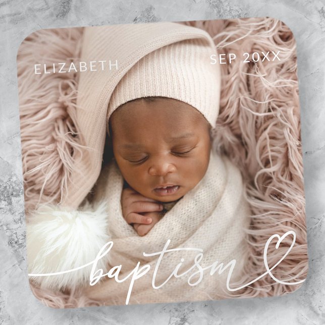 Holy Baptism Elegant Modern Chic Heart Baby Photo Square Sticker (Creator Uploaded)