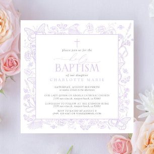 Holy Baptism Lilac Lavender Floral Butterflies Invitation