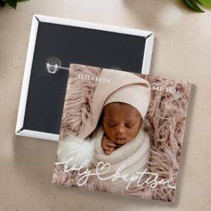 Holy Baptism Modern Elegant Chic Heart Baby Photo 15 Cm Square Badge